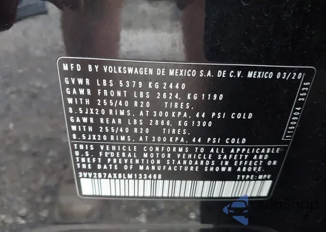 2020 Volkswagen Tiguan 2.0T Se/2.0T Se R-Line Black/2.0T Sel from USA, damaged, VIN 3VV2B7AX8LM133468